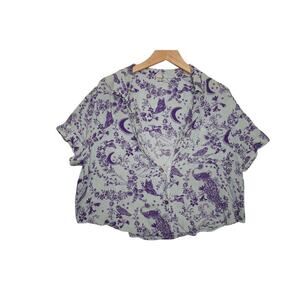 Free People Intimately Purple Bird & Moon Print Button Front Blouse – Size Small